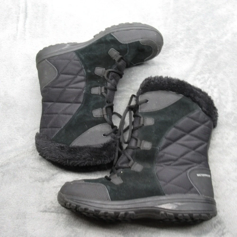 Columbia Winter Boots Women 11 Black Suede Waterproof Insulated Faux Fur Trim